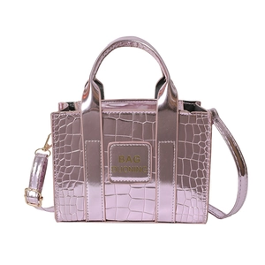 Pink laser metallic tote bag with crocodile pattern and adjustable shoulder strap