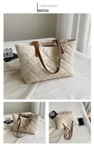 Detail of white quilted tote bag with brown handles showing various angles and large capacity