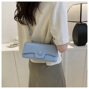 Light blue rectangular baguette bag shown on shoulder in a modern minimalist interior