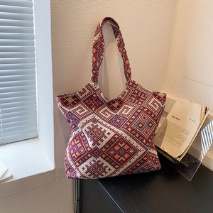 Large Capacity Ethnic Geometric Jacquard Tote Bag For Women Canvas Retro Shoulder Bag Boho Style Casual Commuter Handbag