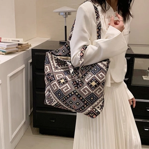 Ethnic style large tote bag with colorful geometric woven pattern for casual daily wear
