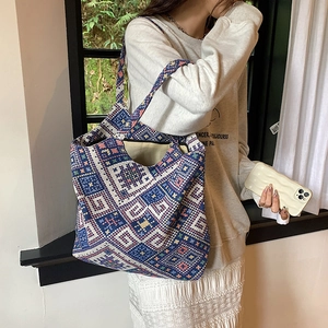 Ethnic style geometric jacquard tote bag with wide shoulder strap for casual wear