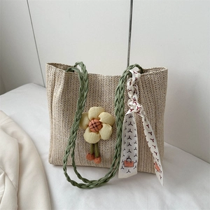 Women Casual Straw Woven Tote Bag Floral Decor Scarf Straw Handbag Large Capacity Summer Beach Vacation Shoulder Bag