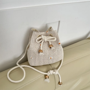 Summer Straw Woven Bucket Bag For Women Daisy Embroidery Drawstring Beach Crossbody Bag Casual Holiday Shoulder Handbag