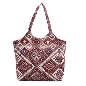 Ethnic style canvas tote bag with red and white geometric jacquard patterns and dual straps