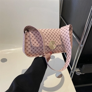 Sac à Épaule en Cuir PU Imprimé Monogramme Rétro pour Femme Petit Sac Carré Urbain Simple avec Boucle Dorée Ronde
