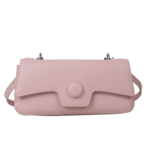 Minimalist light pink leather baguette shoulder bag with unique geometric flap design