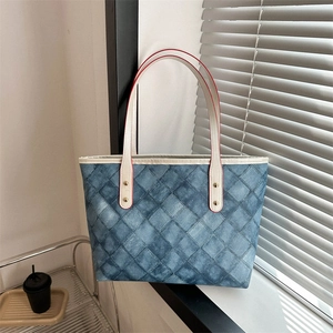 Sac Fourre-tout en Cuir PU de Grande Capacité pour Femmes Sac à Épaule Géométrique à Carreaux Imprimé Sac à Main Décontracté