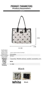 Detailed size chart for large embroidered canvas tote bag showing dimensions and capacity