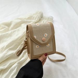 Sac Bandoulière Carré en Paille Tissée pour Femmes Broderie Marguerite Petit Sac à Téléphone Sac à Main de Plage