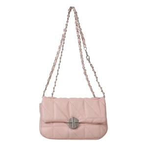 Light pink quilted crossbody bag with triangular stitching and silver chain strap
