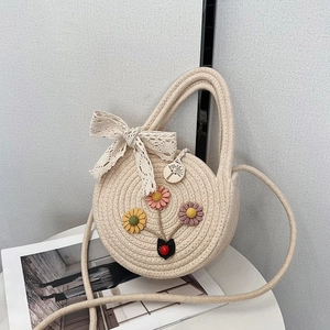 Women Casual Cotton Linen Woven Crossbody Bag Pastoral Style Lace Bow Floral Handbag Summer Beach Travel Shoulder Bag