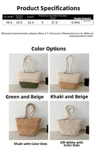 Détails du sac cabas tissé en coton disponible en vert, kaki et beige chiné