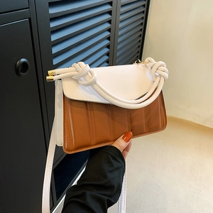Women's Minimalist PU Leather Color Block Shoulder Bag With Knotted Handle Fashion Square Handbag For Daily Work Travel