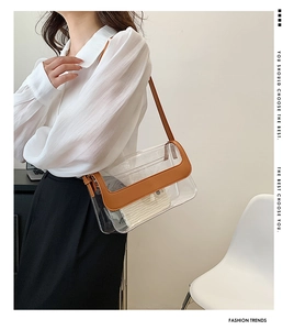 Détail du sac bandoulière en PVC transparent avec bordure en cuir marron sur chemise