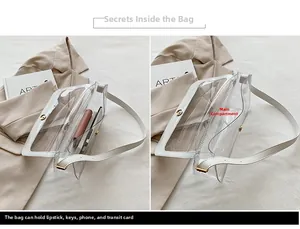 Détail du sac à bandoulière en PVC transparent montrant l'espace pour maquillage