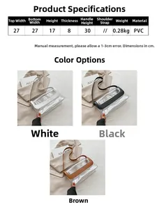 Vue technique montrant les dimensions et les options de couleur du sac transparent en PVC