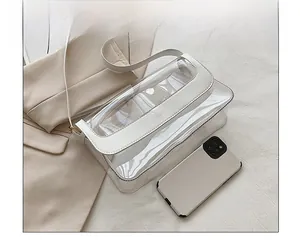 Comparaison détaillée d'un sac à bandoulière en PVC transparent avec bordure en cuir blanc et mobile