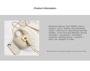 Detail showing dimensions of a straw bucket bag with floral charms and 24cm width