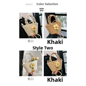 Detail of hand-woven straw bucket bags with sunflower crochet charms in beige and khaki