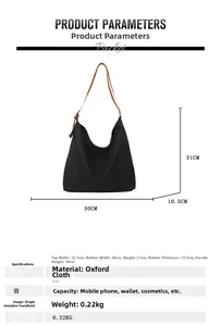 Detailed size chart and specifications for the large oxford cloth tote bag