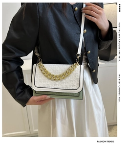 Detail of crossbody bag featuring green and white color block with gold chain
