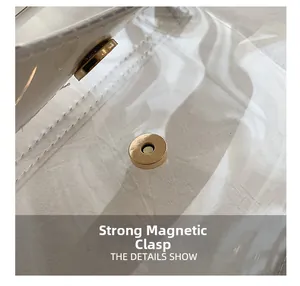 Détail du fermoir magnétique doré sur le sac à bandoulière carré en PVC transparent