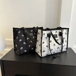Black and white canvas tote bags with 3D embossed rose pattern and embroidery