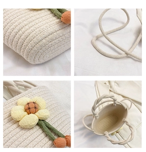 Detailed views of handmade woven bucket bag with 3D fabric flowers and sturdy strap