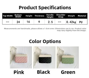 Size chart showing 24x16x9 cm quilted PU makeup case in pink, black, and green