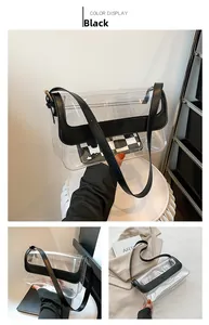 Détails du sac bandoulière transparent en PVC avec rabat et bandoulière en cuir noir