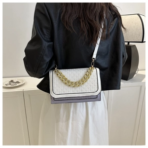 Detail of colorblock crossbody bag featuring white flap and bold gold chain decoration