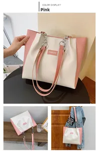 Trois perspectives d'un sac cabas bicolore rose et blanc avec anses en chaîne métallique