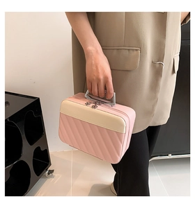 Macro detail of quilted leather stitching and floral metal zipper on pink makeup case
