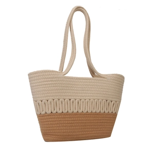 Sac fourre-tout tissé bicolore crème et marron clair pour vacances à la plage