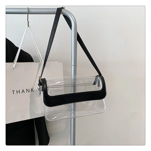 Détail du sac à bandoulière en PVC transparent avec bordure et sangle en similicuir noir