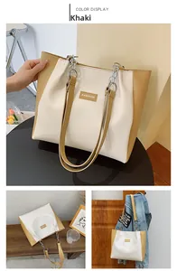 Détails du sac cabas patchwork kaki et beige avec bandoulière en chaîne et étiquette