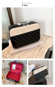Detail view of quilted black vanity case with silver flower zipper and mirror