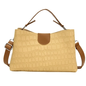 Yellow faux crocodile tote bag with brown contrast handles and adjustable shoulder strap