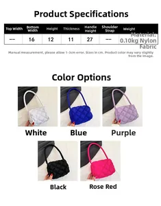 Detailed size specifications and color options for the nylon quilted square handbag