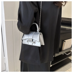 Metallic silver crossbody bag featuring a signature curved base and chain strap detail
