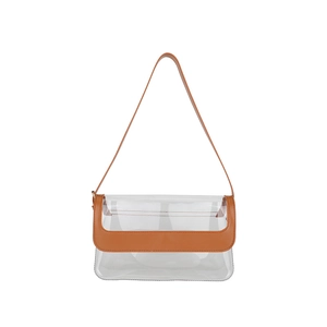 Sac bandoulière transparent en PVC avec bordure et sangle élégantes en similicuir brun