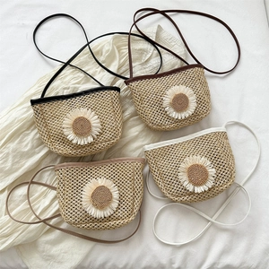 Summer woven straw mini shoulder bags with large floral decoration in four colors