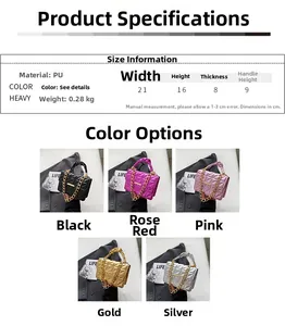 Quilted crossbody bag details with chain strap and handle in five metallic colors