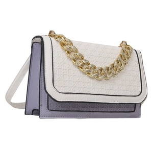 Fashionable color-block small square bag with woven texture and gold rhinestone chain