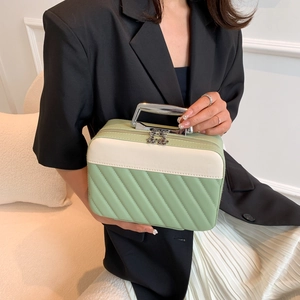 Quilted large capacity makeup vanity case with metal handle in sage green and beige
