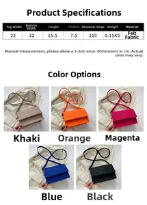 Guide des tailles pour sac en feutre de 22cm avec dimensions et coloris variés