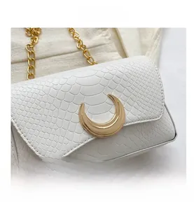Detail of white snakeskin texture bag with golden moon clasp and metallic chain strap