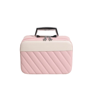 Pink and beige quilted PU leather cosmetic bag with silver handle and floral zippers