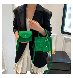 Three-piece green rhombic quilted felt handbag set including crossbody bag and clutch